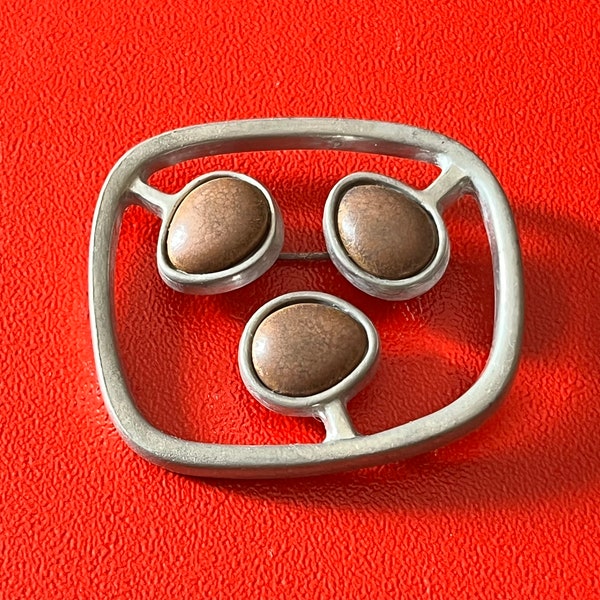 Vintage Mid Century Swedish Design Pewter Ceramic Brooch  Marked Tenn Etched R. Landholm