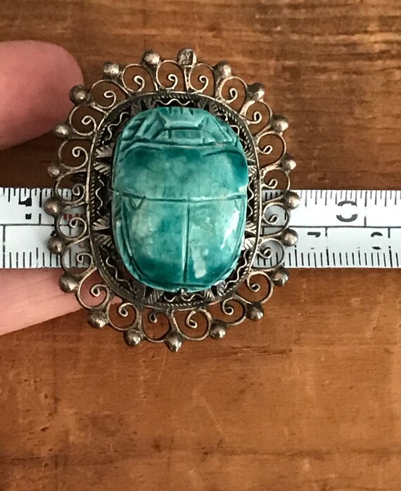 Vintage Ornate Sterling Silver Carved Blue Scarab… - image 6