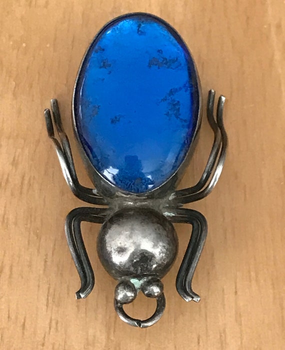 Vintage Czech Blue Glass Spider Brooch - image 3