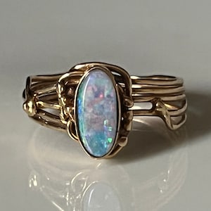 Unique Vintage Handmade 14K Yellow Gold Bezel Set Opal Ring