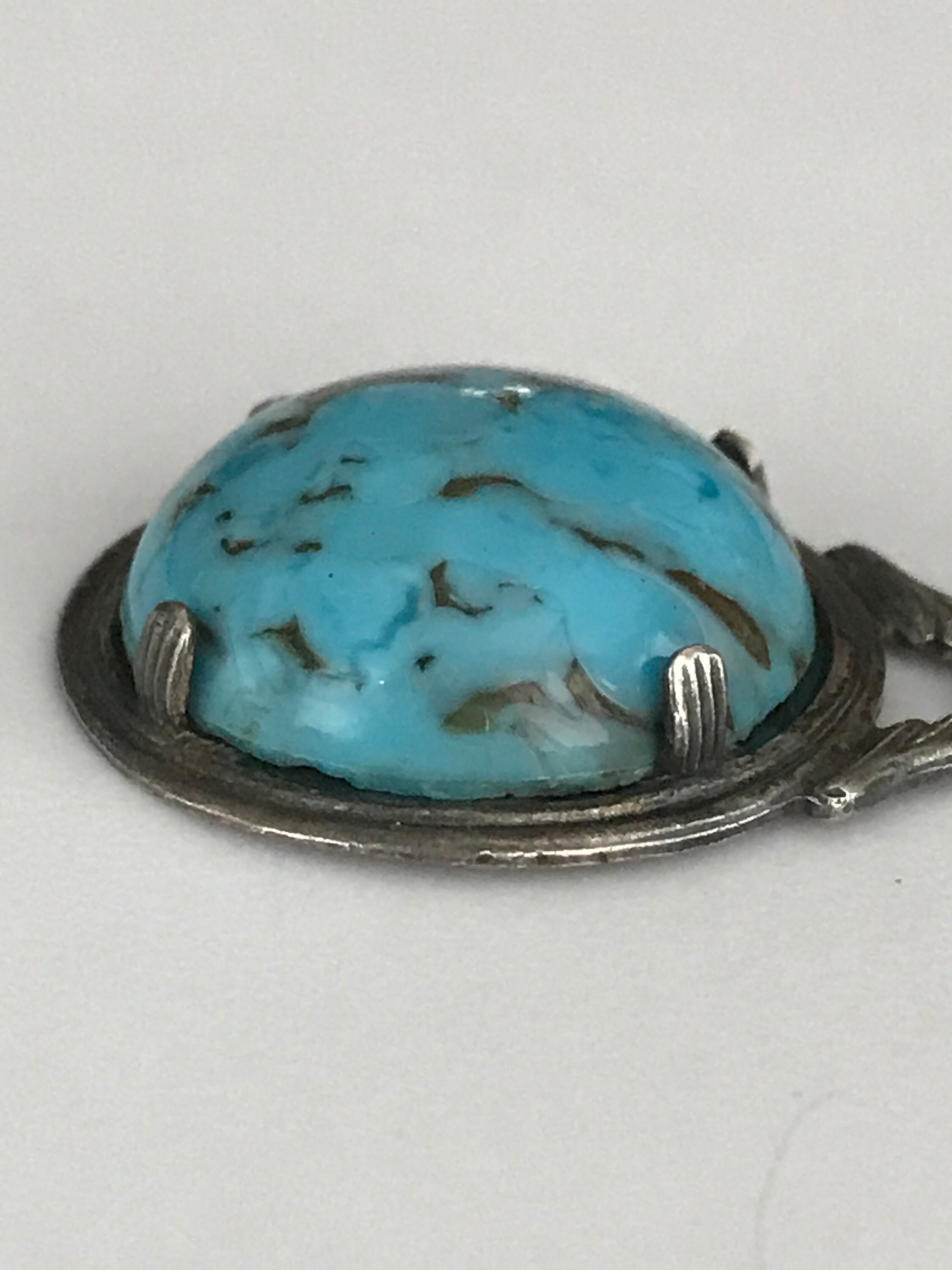 Collier Pendentif Vintage Avec Perle Pierre Bleue - Couleur Argent, Bon état, Bijou Fantaisie Femme