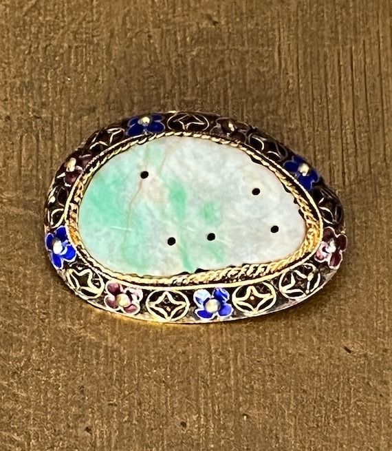 Ornate Vermeil Brooch With Carved Jade Set in Orna