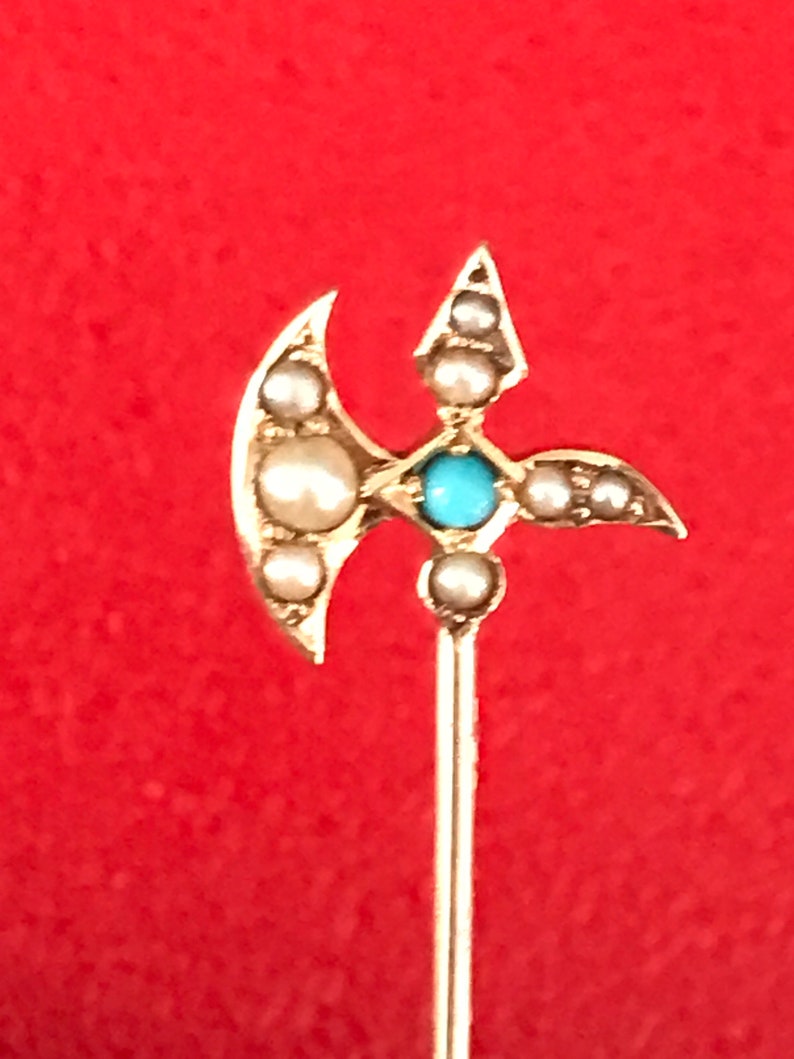 Antique 14K Yellow Gold Turquoise Seed Pearl Stick Pin