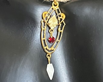Vintage Delicate Gold Tone Lavalier Style Pendant with Red Stone and Pearl Dangle