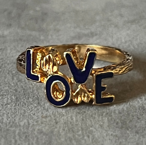 Unique Vintage 18K Gold and Enamel 1970's LOVE Ri… - image 1