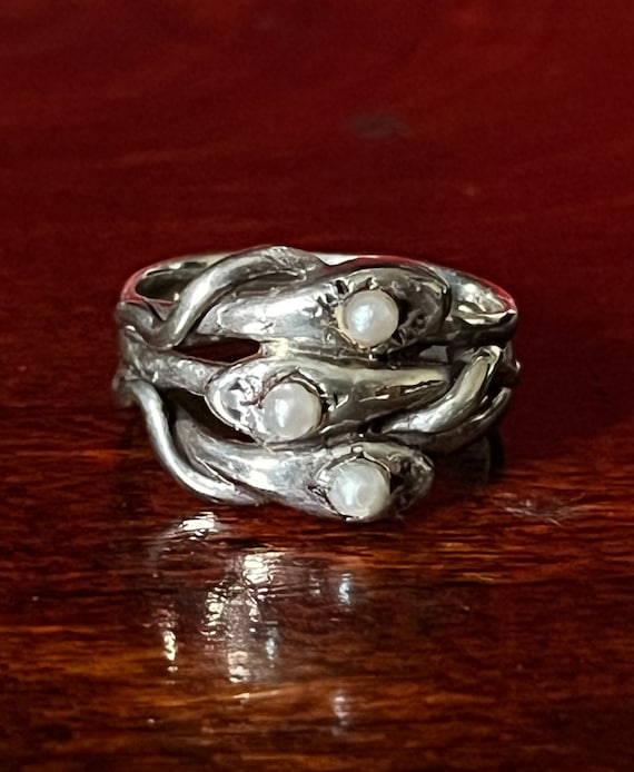 Vintage Sterling Silver Triple Snake Ring with Fau