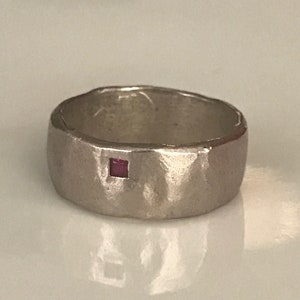 Saundra Messinger Sterling Silver Wide Band Ring with Ruby Stone