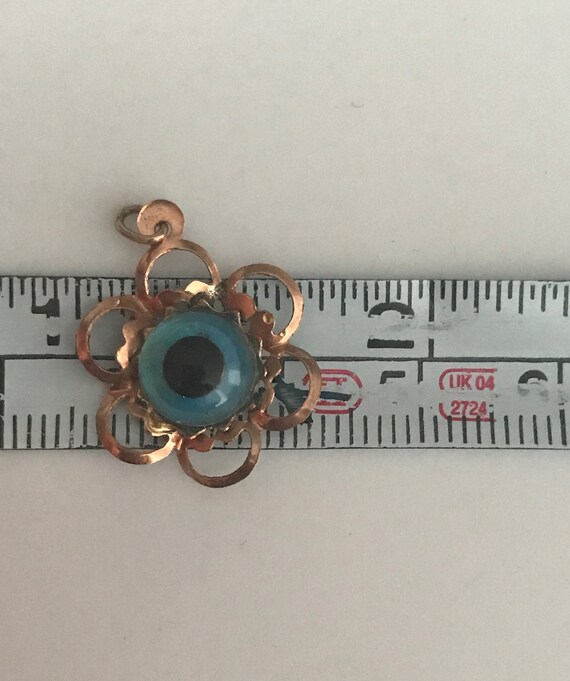 Vintage 9K Yellow Gold Blue Evil Eye Pendant Charm - image 7