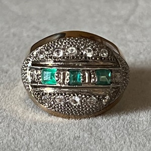 Vintage 14K Yellow Gold Sterling Silver Dome Shaped Ring with Emeralds and CZ Stones