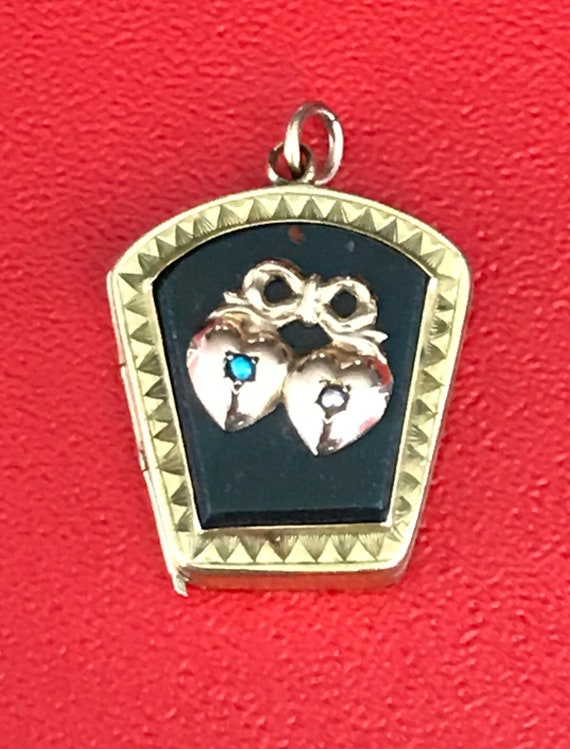 Antique Gold Filled Bloodstone Locket with Two Hearts… Gem