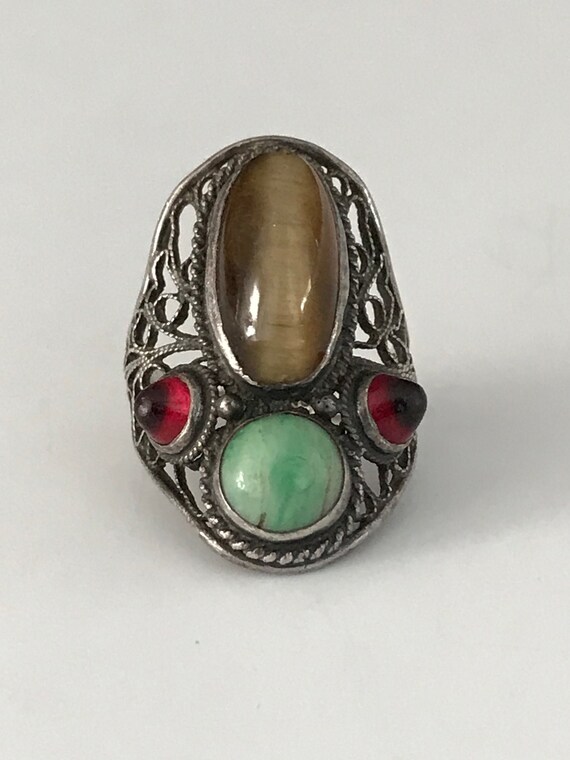 Vintage Sterling Silver Multi Stone Filigree Ring