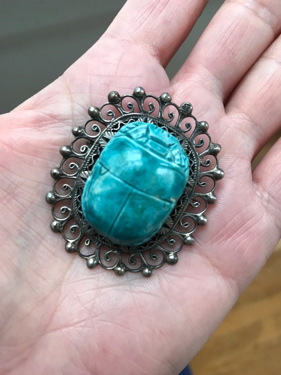 Vintage Ornate Sterling Silver Carved Blue Scarab… - image 2