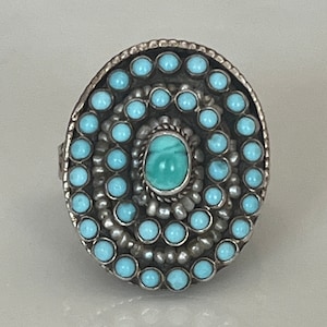 Vintage Ornate Austro Hungarian Silver Ring with Turquoise and Seed Pearls
