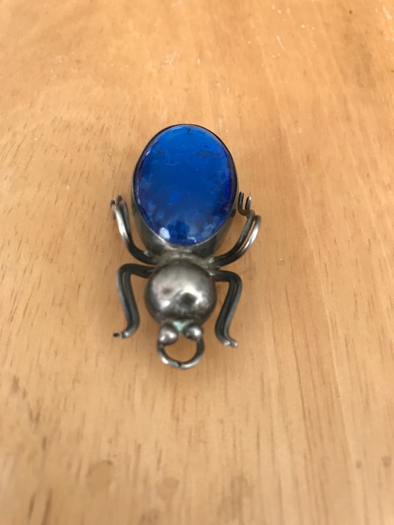 Vintage Czech Blue Glass Spider Brooch