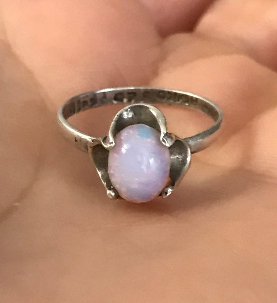 Dainty Vintage Sterling Silver Faux Opal Ring Mar… - image 1