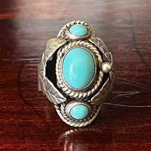 Vintage Ornate Sterling Silver Turquoise Poison Ring Marked Taxco Mexico, Adjustable