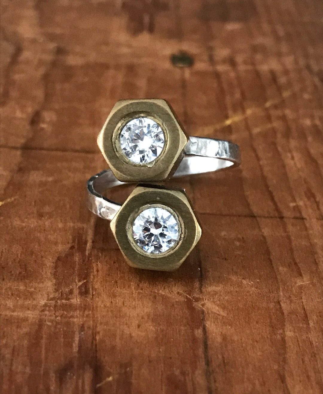 Unique Brass and Sterling Silver Double Nut Ring With Faceted Etsy