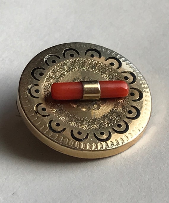 Antique Gold Filled Pin Pendant with Coral and En… - image 2