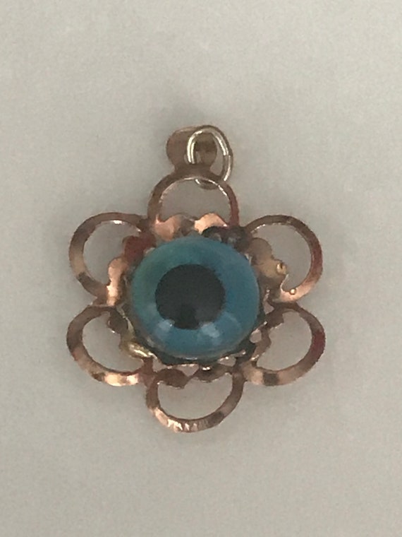 Vintage 9K Yellow Gold Blue Evil Eye Pendant Charm - image 10