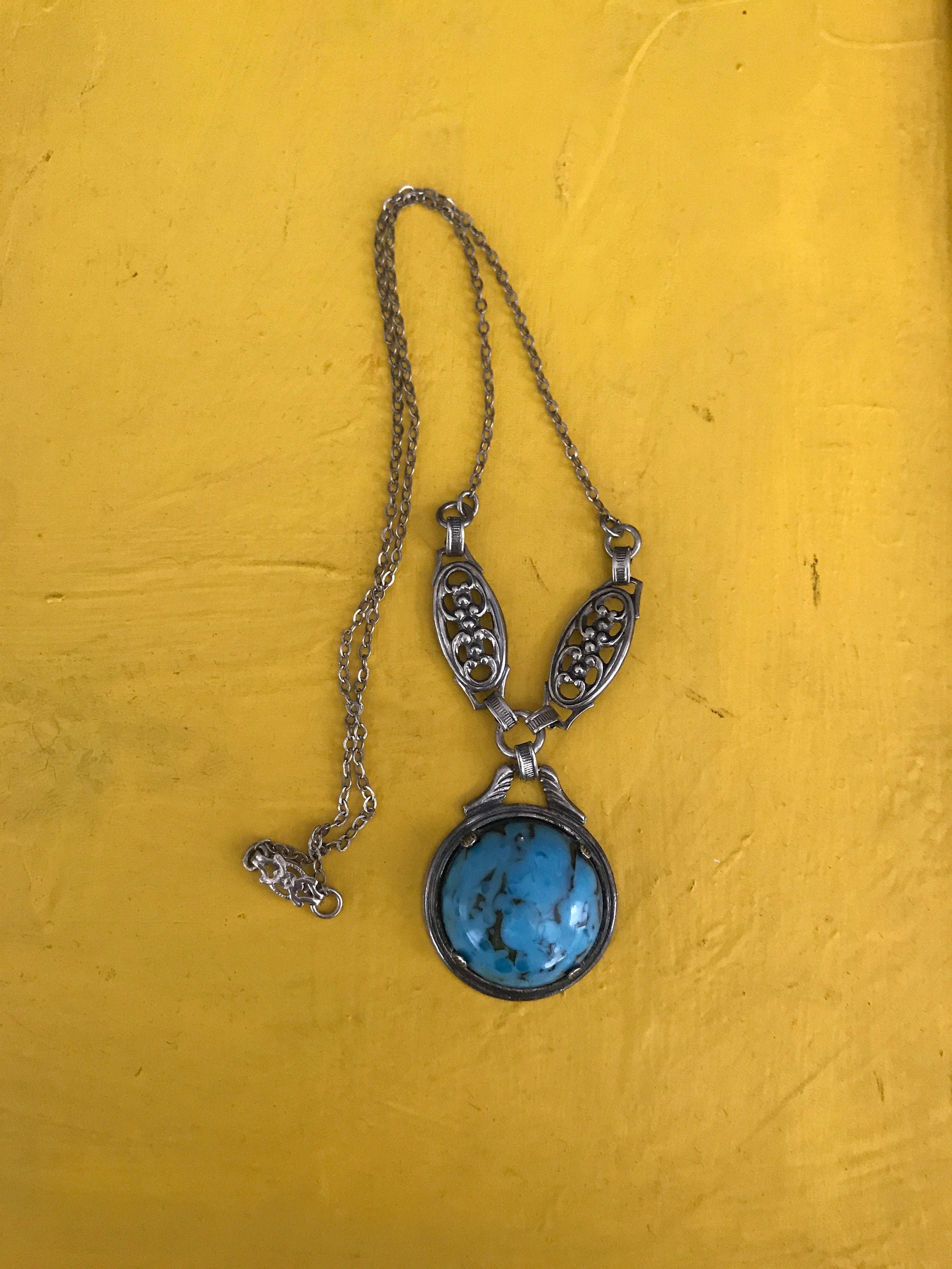 Collier Pendentif Vintage Argent Et Perle Bleue - Bijou Fantaisie Ancien, Occasion Bon état