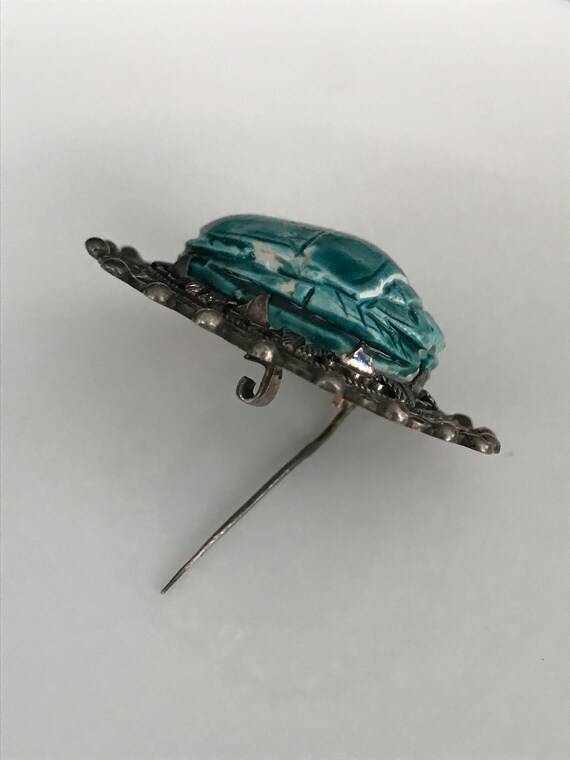 Vintage Ornate Sterling Silver Carved Blue Scarab… - image 9