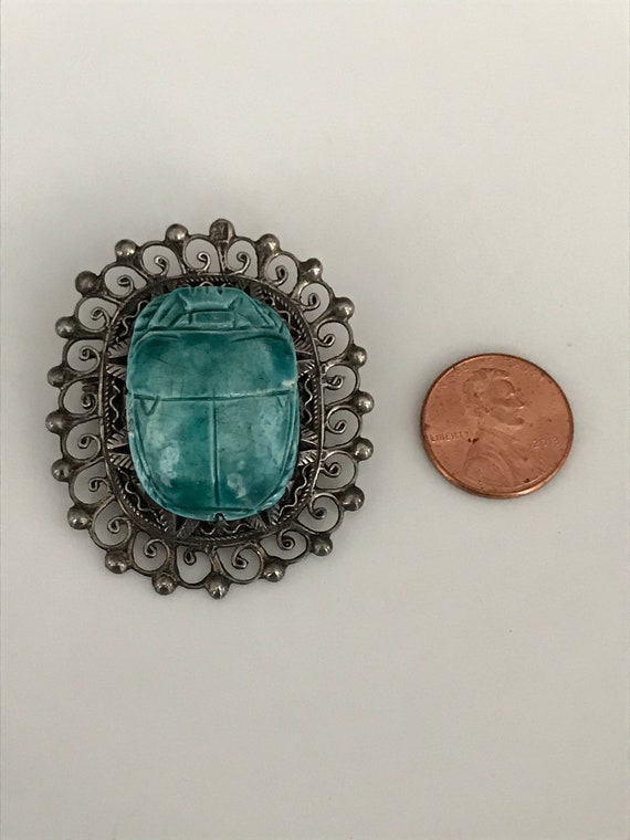 Vintage Ornate Sterling Silver Carved Blue Scarab… - image 10