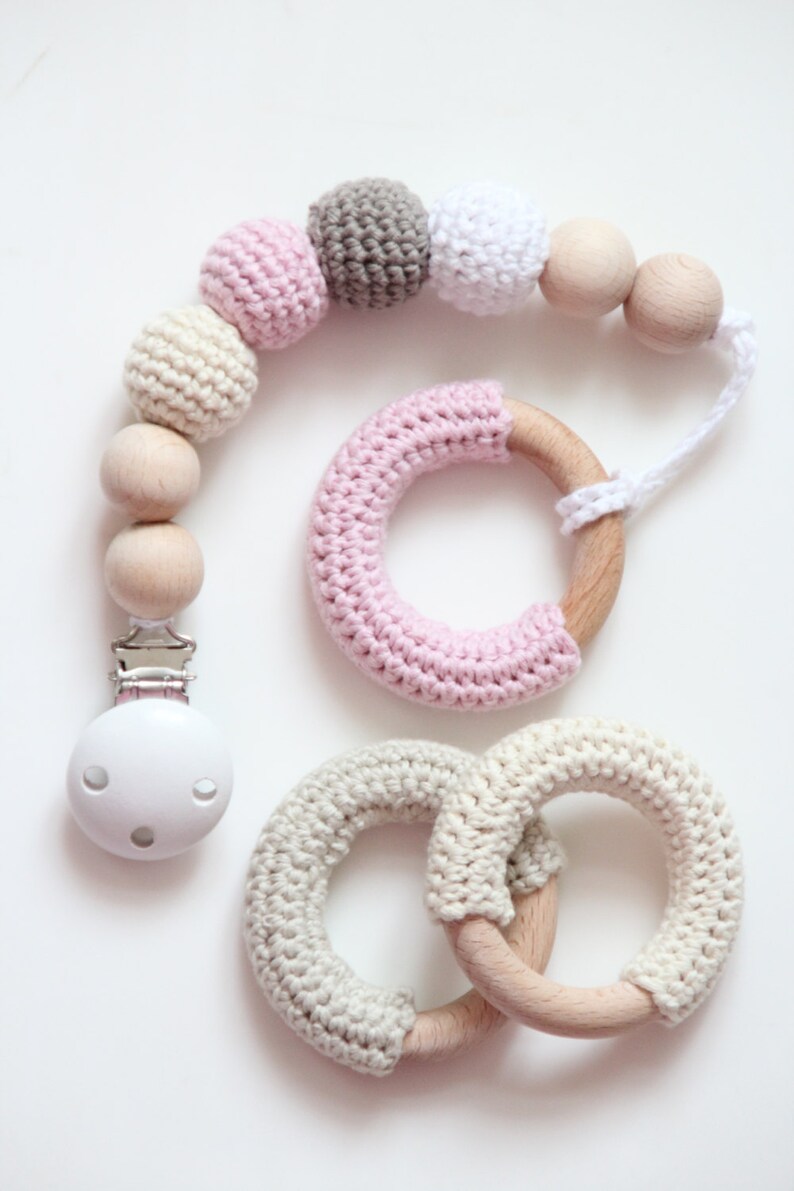 Organic baby pacifier clip / Dummy clip / Teething beads / Etsy