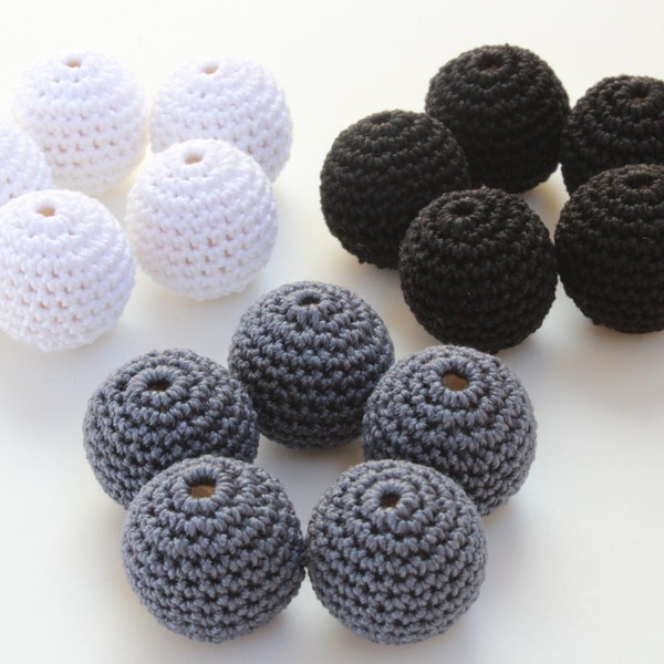 Crochet beads 15 PC 20 mm (0,79'') / Black-White-Grey crochet wooden beads