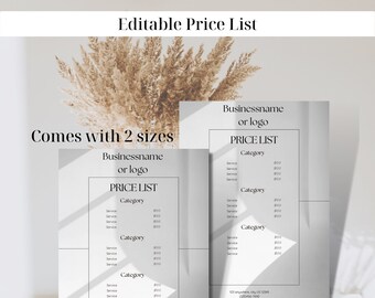 May include: Editable price list template in two sizes, 8.5 x 11 inches, with a minimalist design featuring a white background and black text. The template includes space for a business name or logo, categories, services, and prices. The template is designed to be edited in Canva.