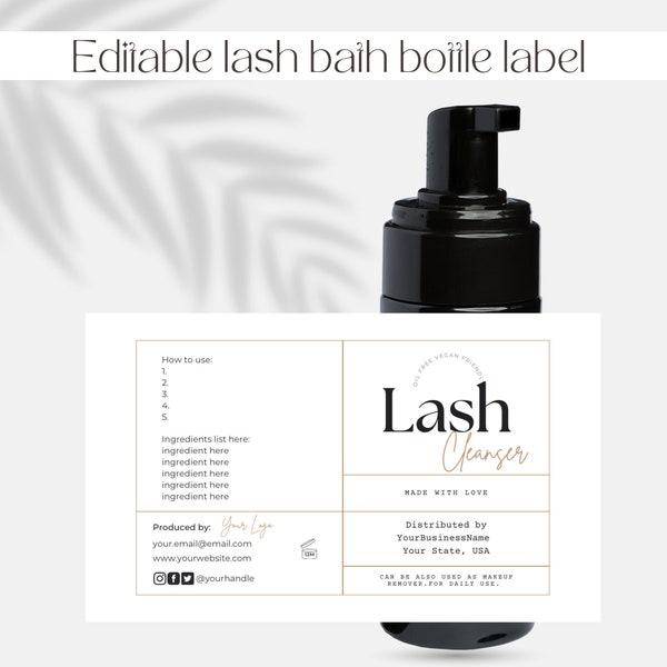 Lash shampoo/ lash cleanser/ lash bath bottle label/sticker template *** Fully editable *** digital download