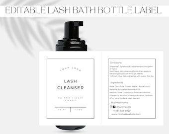 May include: White label with black text for a lash cleanser bottle. The label includes the text "YOUR LOGO", "LASH CLEANSER", "OIL FREE / VEGAN FRIENDLY", "30 ML", "1.7 OZ", "Directions:", "Dispense 1-2 pumps of Lash shampoo into palm of hand", "Swirl foam with cleansing brush then apply to lids and gently brush through lashes", "To finish, rinse lids and lashes with water. Pat dry.", "Ingredients", "Rose Centifolia Flower Water, Aqua, Lauryl Betanie, Acrylates/Beheneth-25 Methacrylate Copolymer, Triethanolamine, Phenethyl Alcohol, Phenoxyethanol, Sodium PCA, Vitis Vinifera Seed Extract", "Business Name", "@yourhandle", "+1-234-567-8900", "www.businesswebsite.com".
