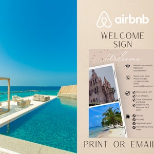 Szablon znaku powitalnego Airbnb | Poradnik powitalny Airbnb | znak z instrukcjami wymeldowania wynajmu | Zasady domu | Szablon znaku Wi-Fi | Szablon Canva