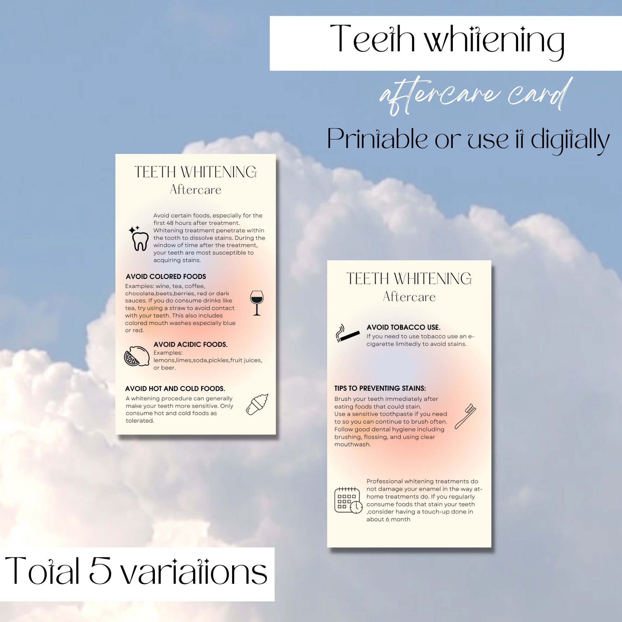 Teeth Whitening Aftercare Card *** Templates - Not Editable *** Instant  Download *** Printable
