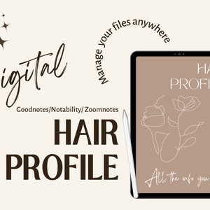 Peut inclure: Modèle de profil capillaire numérique pour Goodnotes, Notability et Zoomnotes. Le modèle présente un dessin au trait d'un visage de femme et d'une fleur. Le texte "HAIR PROFILE" est écrit en grandes lettres grasses en haut du modèle. Le texte "All the info you need" est écrit en lettres plus petites en bas du modèle.