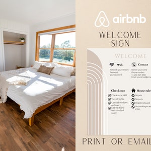 Szablon znaku powitalnego Airbnb | Poradnik powitalny Airbnb | znak z instrukcjami wymeldowania wynajmu | Zasady domu | Szablon znaku Wi-Fi | Szablon Canva