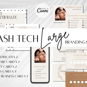 May include: A branding kit for a lash technician, featuring a gift certificate, aftercare card, loyalty card, business card, and digital business card. The kit is designed in a minimalist style with a neutral colour palette and gold accents.
