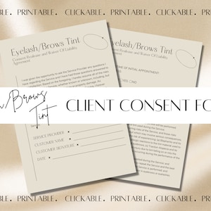 Op de afbeelding: Een zwart-witte klanttoestemmingsformulier voor wimpers en wenkbrauwverfdiensten. Het formulier bevat een titel, "Lash/Brows Tint Client Consent Form", en secties voor de dienstverlener, de naam van de klant, de handtekening van de klant en de datum.