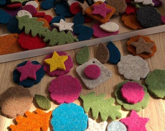 Felt shapes in thick wool felt - spots,  flowers, stars, leaves and lots more! 50 or 100 pieces