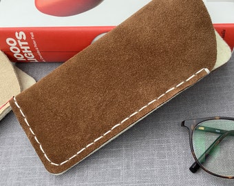 Brown suede leather glasses case - wool felt lined to keep your spectacles safe