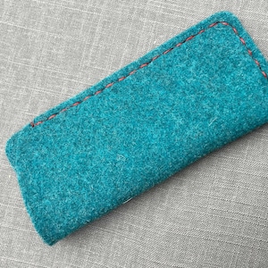 Turquoise wool felt glasses case, hand stitched in England made by Amanda from Joe's Toes