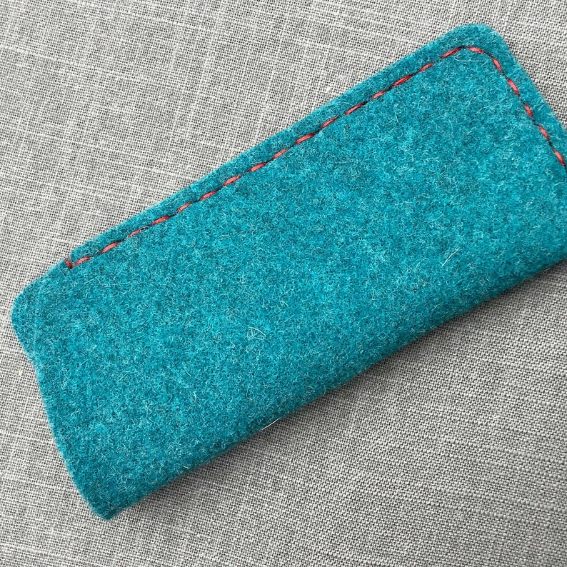 Turquoise wool felt glasses case, hand stitched in England made by Amanda from Joe's Toes