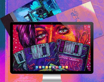 Fondos de pantalla digitales para ordenador y móvil con temática cyberpunk: 3 para ordenador, 2 para móvil.
