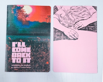 May include: Two zines. The first has a landscape scene with a sunset and the text "I'LL COME BACK TO IT". The second zine is pink with a black and white illustration of a person. The zines are unfinished projects by Madison Cowles Serna.