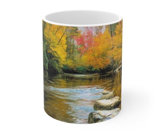 Taza de café de arte natural hecha a mano, tazas de otoño, taza de otoño de las montañas Blue Ridge, taza de café de amigos, taza personalizada, regalo de tazas