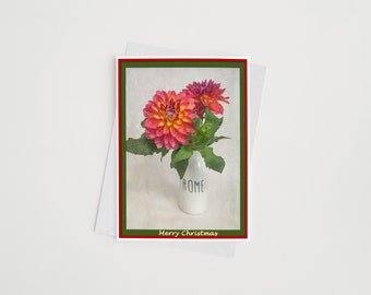 Arte fotográfico de flores de dalia de tarjetas de felicitación navideñas hechas a mano con sobres, florero, tarjetas navideñas, regalos de anfitriona, tarjetas 5x7