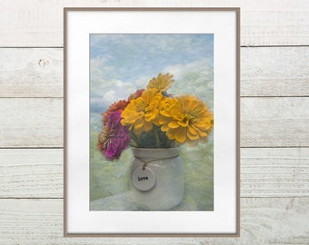 Zinnia Wildflower Bouquet Wall Art, Nature Kitchen Mini Prints Wall Art, Botanical Wall Art, White Vase, Floral Prints