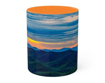 Taza de arte del amanecer, taza de café de cerámica, montañas Blue Ridge, tazas de naturaleza coloridas, taza de 11 oz, taza de café de amigos, regalo de amante del café, taza personalizada