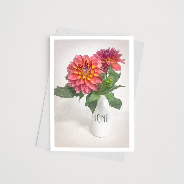 Dahlia Flower Photo Art 5x7 Greeting Cards, Wildflower Print Handmade Cards, Garden Gifts, Flower Vase Floral Arrangments