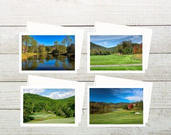 Set of 4 Assorted Golf Art Blank Cards Handmade with Envelopes, Perfect for All Occasions, Blue Ridge Mountains, Golf Gifts