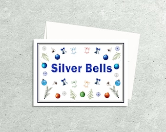Silver Bells Traditional Christmas Note Cards Handmade with Envelopes, Single Christmas Cards, Hostess Gifts